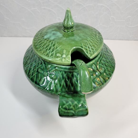 Marcia Of California Pottery Soup Tureen Green MCM Serving Bowl Ladle Lid USA - Picture 12 of 13